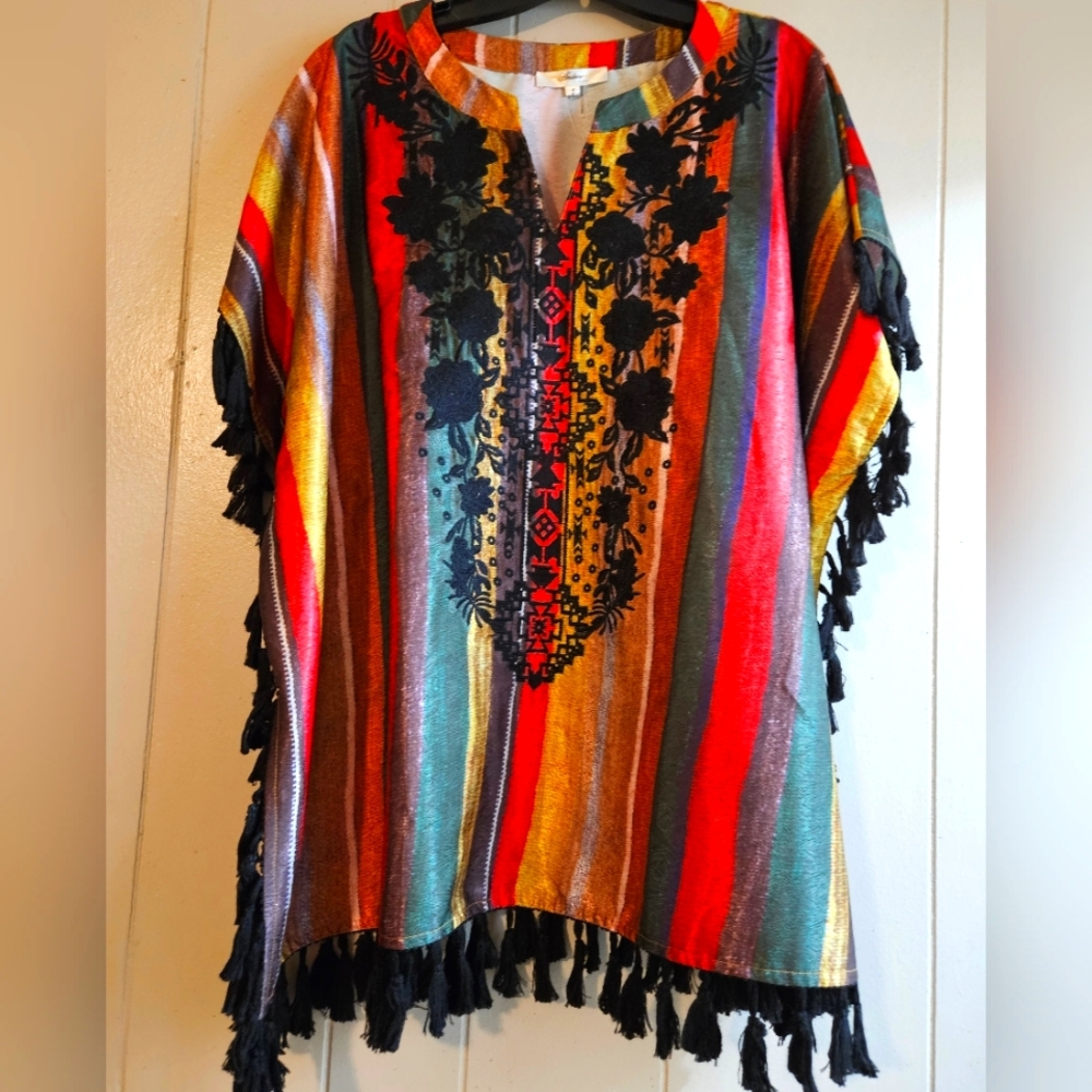 Andree By Unit Colorful Striped Poncho with Black Embroidery - Size Small - NWT